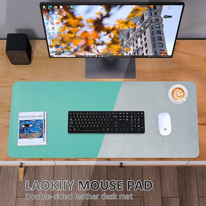 Dual-Sided Desk Pad, Large Mouse Pad, Natural Cork & PU Leather Non-Slip Waterproof Desk Mat for Office and Home (Fruit Green, 31.5" x 15.7")