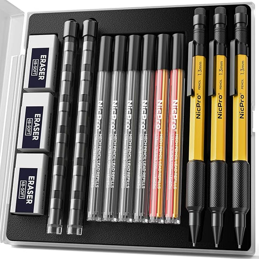 Nicpro 3 PCS 1.3 mm Mechanical Pencil Set with 72 Lead Refills, 3 Eraser - Weatherproof Metal Barrel, Heavy Duty Carpenter Pencil MP2000 for Outdoor Marking Drafting Drawing Woodworking - with Case