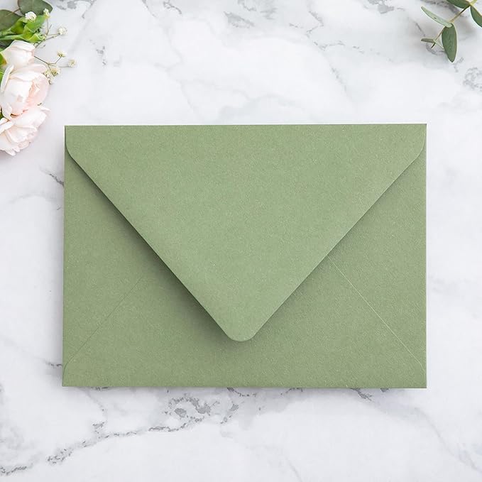 PONATIA 50PCS A7 Euro Flap Envelopes, 5.25 x 7.25'' Sage Green Flowers Liner Envelope for Wedding Invitations, Photos, Postcards, Greeting Cards, Christmas Gift, Acrylic Mailing, 5 x 7 Envelopes