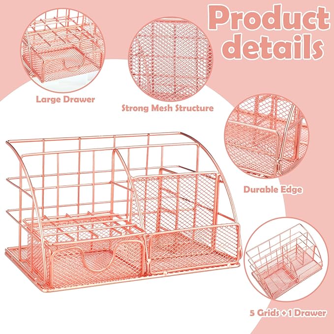Rose Gold Office Supplies and Accessories, Rose Gold Mesh Desk Organizers with Tape Holder, Tape, Stapler, Staple Remover, 1000pcs Staples, Pen, Pen Holder, Ruler, Phone Holder, Clips, Scissor