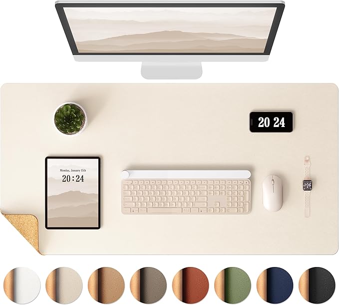 Aothia Dual-Sided Desk Mat - Leather & Cork Desk Protector, Large Mouse Pad & Writing Pad for Office/Home, Waterproof, Beige (35.4" x 15.7")