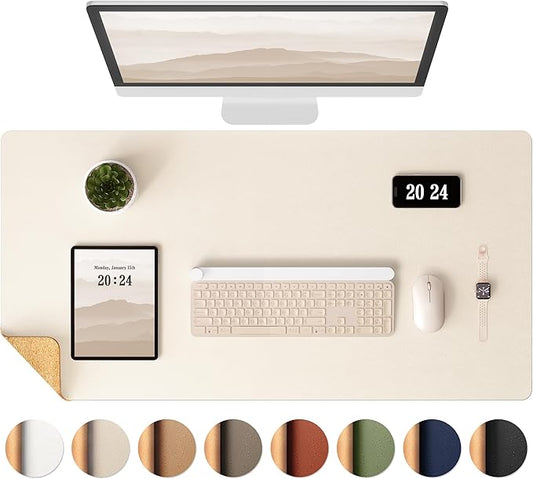 Aothia Dual-Sided Desk Mat - Natural Cork & Leather Desk Protector, Large Mouse Pad, Waterproof Blotter, Writing Pad for Office/Home, Beige (25.6"x13.7")