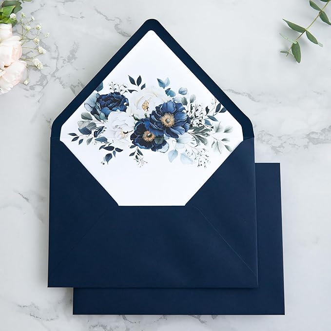PONATIA 50PCS A7 Euro Flap Envelopes, 5.25 x 7.25'' Liner Envelope For 5x7'' Weddings Invitation Cards, Christmas Gift Cards, Acrylic Invitations, Photos (Navy Blue)