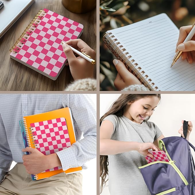 Cute Spiral Notebook journal A5 Aesthetic Pretty Floral Design for Women Girls Kawaii with Pocket, 8.5 x 5.7 inch, Pink Plaid