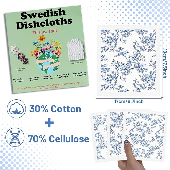 Blue Floral Swedish Dishcloths for Kitchen - 6PCS Blue Whihe Floral Swedish Cloths for Washing Dishes Reusable Flower Dish Towels Washable Cleaning Sponge for Home Party Fast Drying