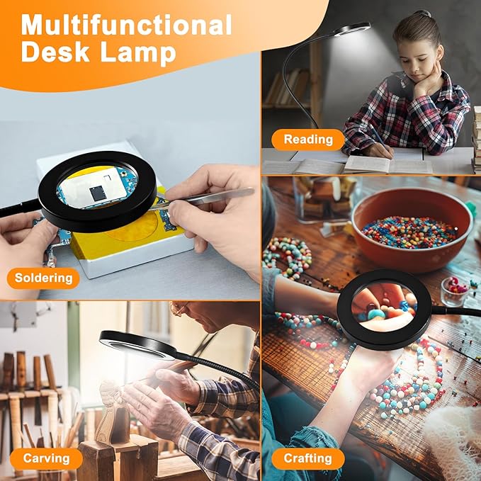 10X Magnifying Glass with Light and Timer, 2 in 1 Magnifying Desk Lamp, 3 Color Modes 10 Dimmable Brightness, Flexible Gooseneck Magnifier with Light for Craft Hobby Sewing Close Work(No Adapter)