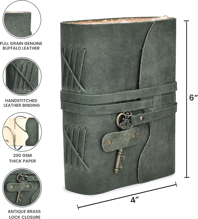 LEATHER VILLAGE Vintage Leather Journal – 200 Handmade Vintage Deckle Edge Paper – Leather bound Journal For Women Men – Vintage Key Closure - Book of Shadows - Aqua - 6X4 inches (A6)