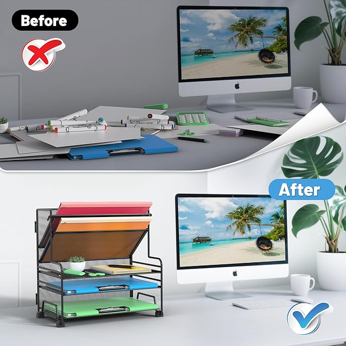 Desk File Organizer, 3-Tier Letter Tray Paper Organizer and 2-Pocket Metal Hanging Basket for Office School Classroom Organization