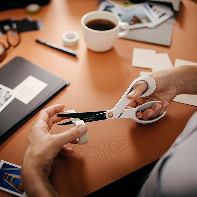 Fiskars 8” Premium Non-Stick Comfort Grip Scissors Ideal for Sticky Materials like Vinyl, Tape, and Glue, with Ergonomic Bent Handles for Precise Tabletop Cutting