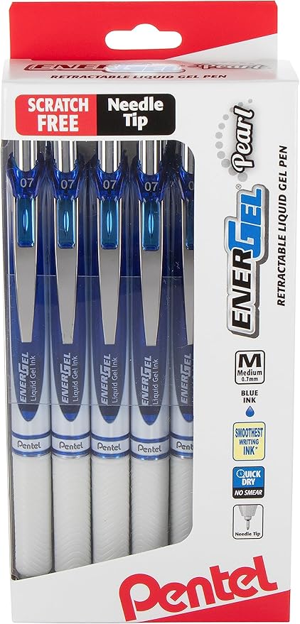 Pentel EnerGel PEARL Retractable Liquid Gel Pen, 0.7mm Medium Line, Needle Tip, Blue Ink, 12 Pack Window Box