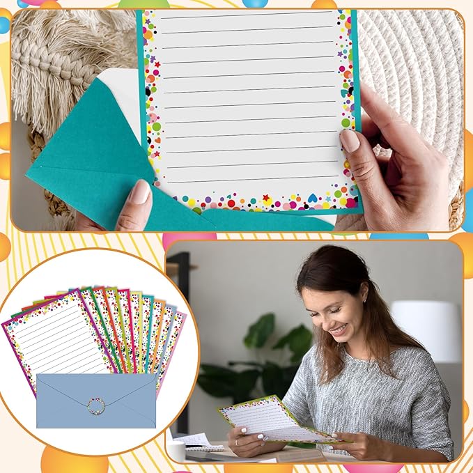 TaoBary 160 Pcs Stationery Paper Set 50 Double Sided Stationery Papers with 50 Matching Envelopes and 60 Round Dot Sticker, 10 Design(Polka Dot,8.5 x 11 Inch)