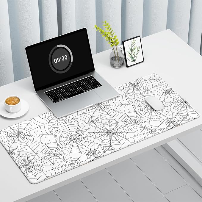 Auhoahsil Desk Mat, Ultra Large Mouse Pad, XXL Gaming Mousepad, Pretty Desk Pad, Big Extended Full Size Desktop Desk Matt for Keyboard, Laptop & Computer, 35.5 x 15.7 in, White Goth Spider Web