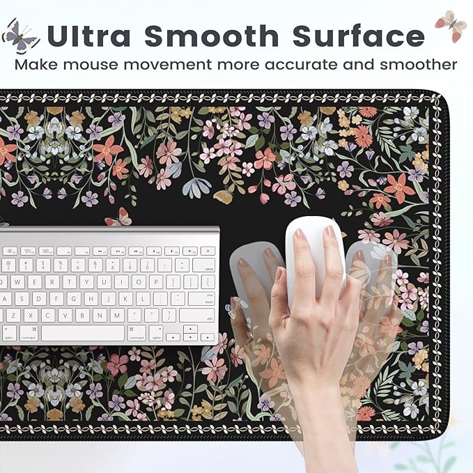 HAOCOO Floral Desk Pad for Keyboard and Mouse, Black Mouse Pad with Non-Slip Rubber Base, XXL Keyboard Mat with Edge Stitching, Soft Computer Mat, Gaming, Office Aesthetics