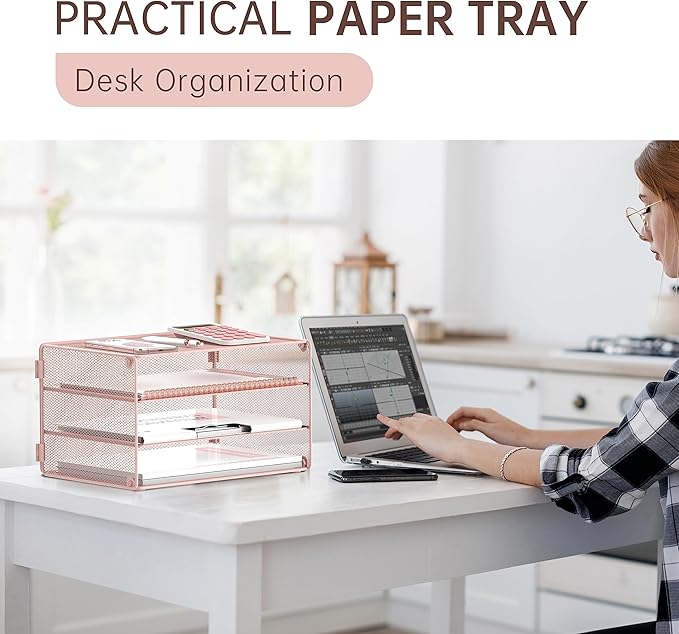 DALTACK 3 Tier Letter Tray Paper Organizer Mesh Metal Desk File Organizer for Home & Office, Pink