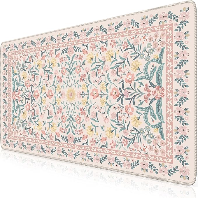 HAOCOO Desk Matt for Desktop, Cute Desktop Pad for Keyboard and Mouse,Non-Slip Pink Keyboard Mat for Computer, Floral Mouse Pad with Stitched Edge, Large Mouse Pad for Office Aesthetics