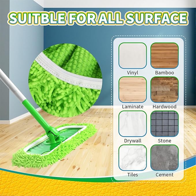 Sakerplus Chenille Mop Refill Pads for Home Use– Replacement Mop Heads for Floor Cleaning,Fits Most Standard Mops, for Hardwood Tile Laminate Floors (Fluorescent Green 6PCS)