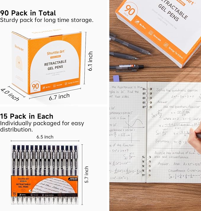 Shuttle Art Black Gel Pens, Ink Glide Series 90 Pack Retractable 0.5mm Fine Point Rollerball Gel Ink Pens Bulk Set Quick Drying Smooth Writing with Grip for Journaling Note Taking Office School Home