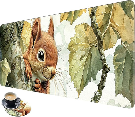 Desk Mat Large Gaming Mouse Pad (31.5x11.8 inch) with Stitched Edges, XL Mouse Pad +Coaster, Extended Mouse Mat Keybroad Mousepad Non-Slip Rubber for Gamer Men Women, Squirrel Camo Tree