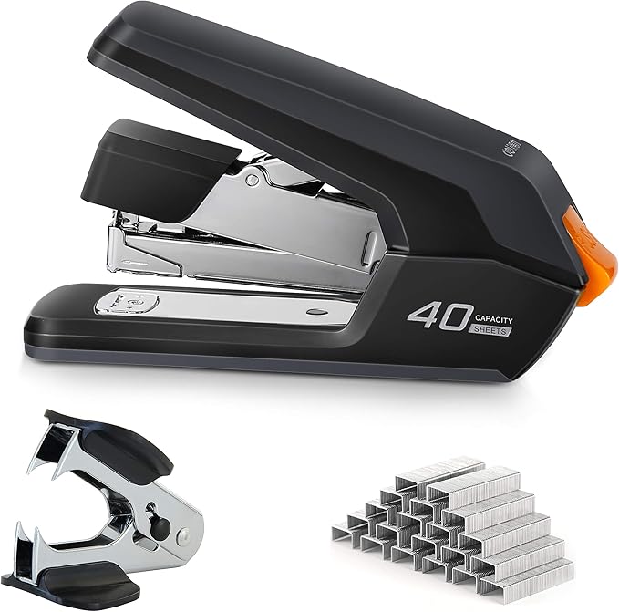 Deli Effortless Desktop Stapler, 40 Sheet Capacity, One Finger Touch Stapling, Easy to Load Ergonomic Heavy Duty Stapler, Includes 1500 Staples and Staple Remover