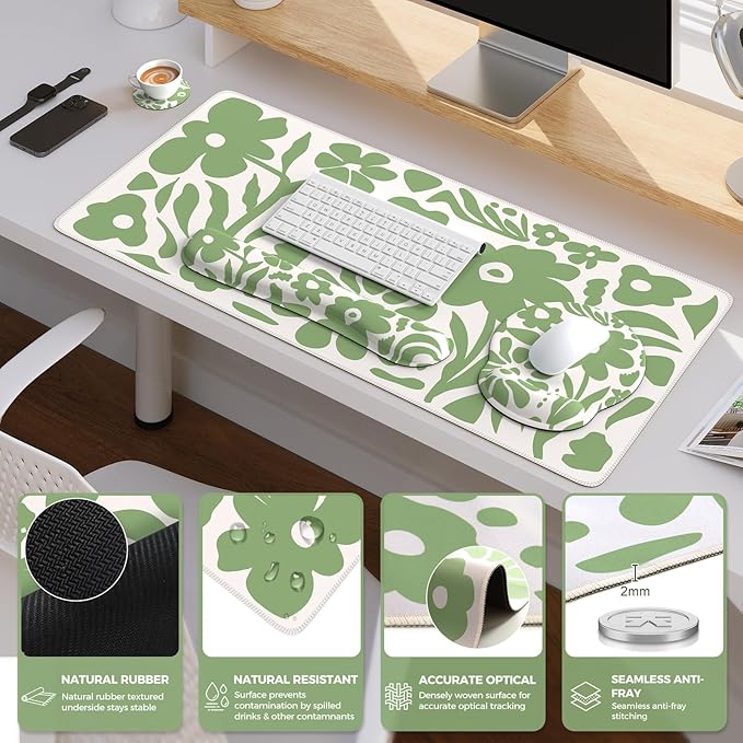 iCasso Desk Cover Mat, 4in1 Floral Large Mouse Pad with Wrist Rest, Desk Matt for Desktop, Anti-Slip XXL Big Computer Ergonomic Mousepad with Wrist Support for Keyboard and Mouse (Green)