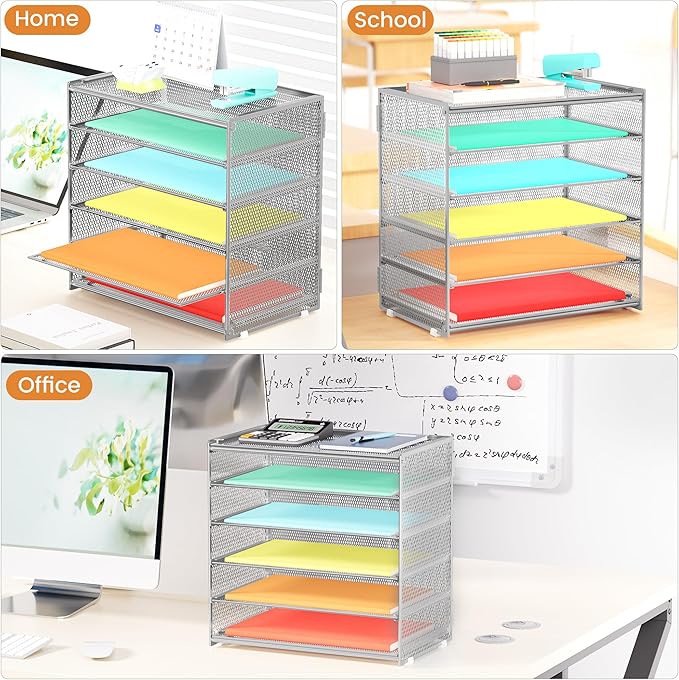 6 Tier Paper Organizer, Metal Mesh Desk File Folder, Letter Tray Organizer, Paper Sorter Desk Organizers for Office, Home or School File Folder Holder - Silver
