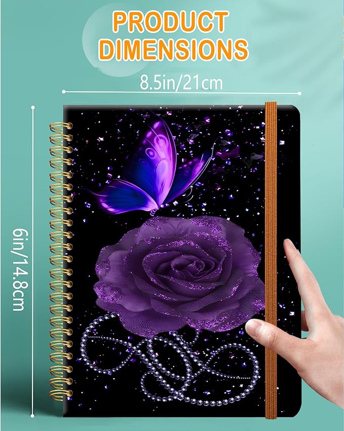 Ruled Spiral Writing Notebook,A5 Hardcover Lined College Journal for Women,Strong Twin-Wire Binding with Premium Paper,8.4" X 6",Perfect for School,Office,Home(Starry Purple Rose Butterfly)