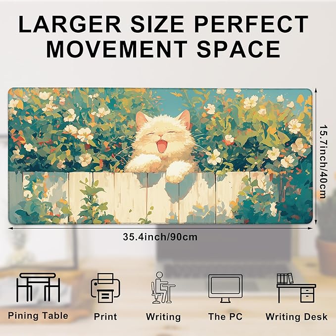 Gaming Mouse Pad, Cute Happy Cat with Flower Large Desk Mat for Keyboard and Mouse,Non-Slip Rubber Base and Stitched Edges Desk Pad for Home Office 35.4x15.7in