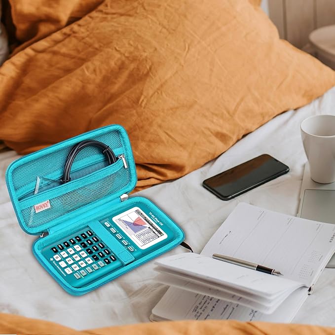 BOVKE Hard Travel Case for Texas Instruments TI-84 Plus CE/TI-84 Plus/TI-83 Plus CE/TI-83 Plus/Casio fx-9750GIII Graphing Calculator, Mesh Pocket for USB Cables, Manual, Pens, Accessories, Teal