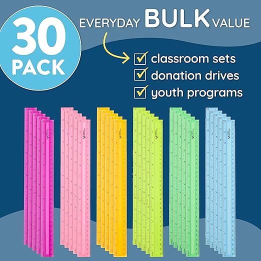 Blue Summit Supplies 30 Plastic Rulers Bulk for Classroom, Bulk Ruler 12 Inch for School, Home, or Office, Metric and Imperial, Clear Plastic Rulers 12 Inch, Assorted Colors