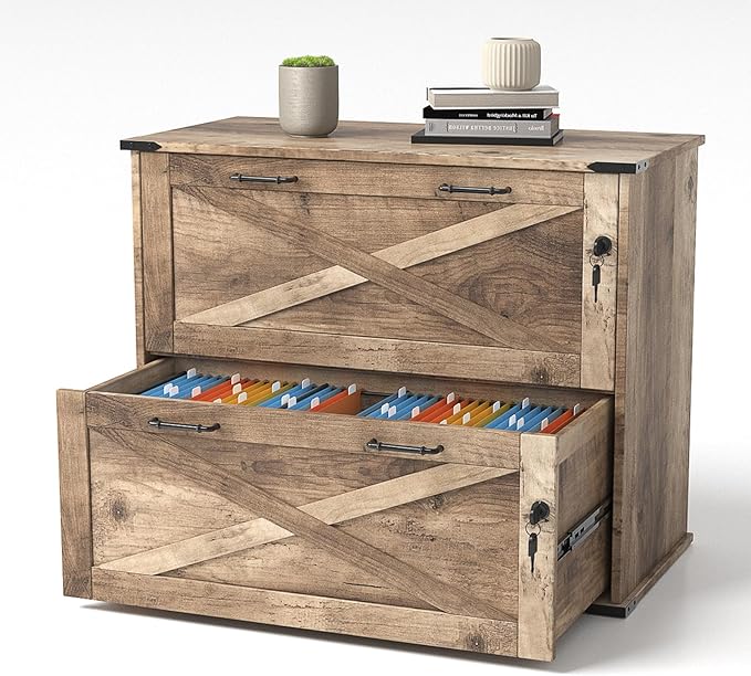 VINGLI 2 Drawer File Cabinet with Lock, Home Office Filing Organizer, for Letter Legal A4 Size File Folder Storage, Modern Farmhouse, Wood Lateral Filing Cabinet, Archivador (Rustic Gray)