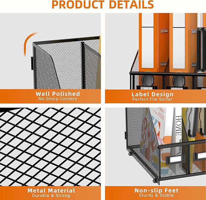 DALTACK Desk Organizers Metal Magazine File Holder with 4 Vertical Compartments Folder Storage Binder Organizer for Office Home School Organization, Black