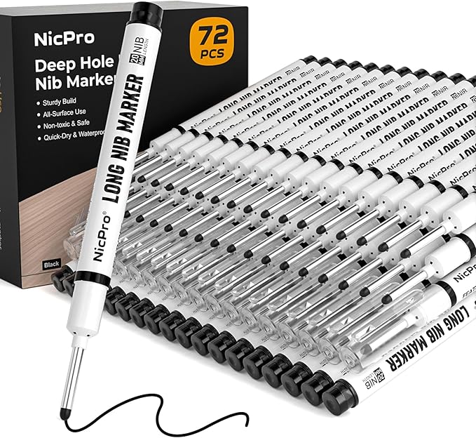 Nicpro 72 PCS Long Nib Marker Pens, 20mm Black Deep Hole Markers Bulk, Quick Dry & Waterproof Construction Marker, Long Head Mark Pens for Metal Steel Tile Glass Carpenter Marking Tool for Woodworking