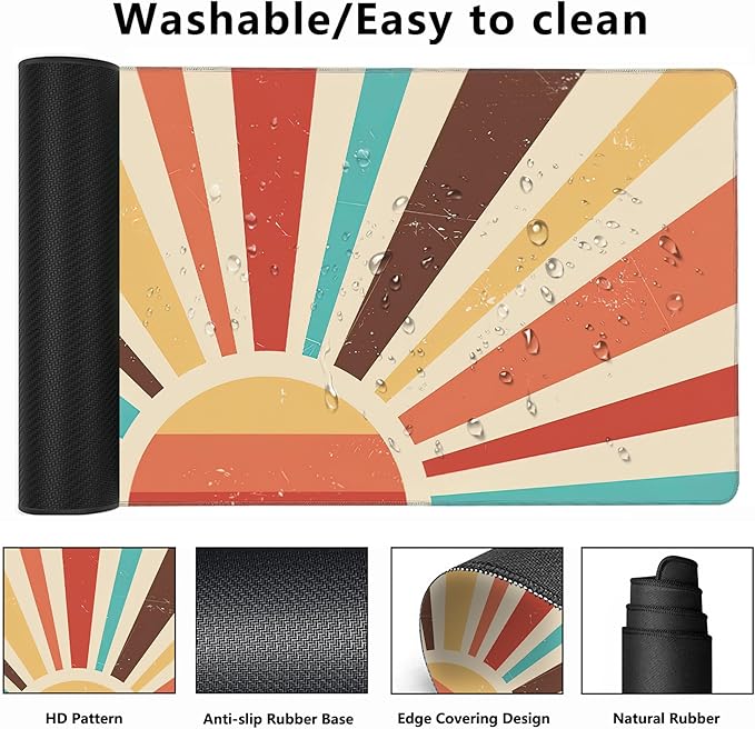 MIOAOSRT Desk Mat,Colourful Vintage Sunburst Gaming Mouse Pad,XXL Extended Mouse Pad Mat for Office,Computer,Keyboard with Non-Slip Base Stitched Eges Mousepad 35.4x15.75 inch