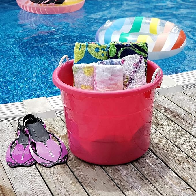 HOMZ 2-Pack Utility Tub, Large Plastic Storage Bucket with Rope Handles, 18 Gallon, Pink - Portable Indoor and Outdoor Buckets for Kitchen, Laundry, Garden, Bathroom, and Garage Organization