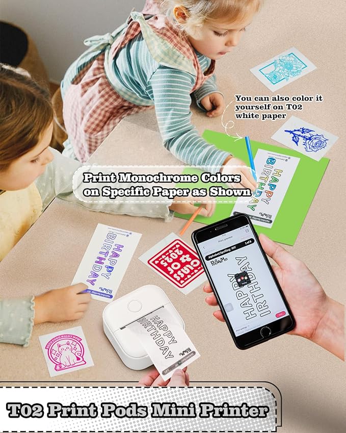 Memoking Sticker Printer - Mini Printer T02 Thermarote Mini Inkless Label Makers Thermal Sticker Maker Machine for Children Students, Compatible with Phone & Tablet, White