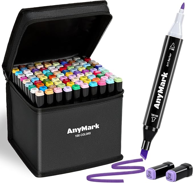 AnyMark Alcohol Markers, 100 Colors Dual Tip Art Coloring Markers Set for Kids Adult Book Drawing Sketching Painting, Chisel & Fine, Black Penholder