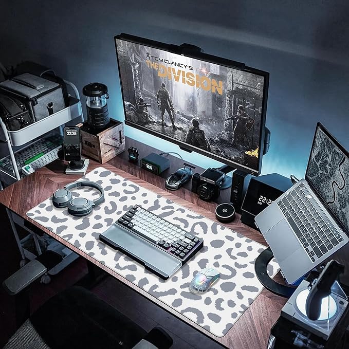 Desk Pad, Abstract Grey Leopard Prints Extended Large Gaming Mouse Pad for Desk XXL, Large Desk Mat for Desktop with Non-Slip Rubber Base Stitched Edges for Computer Keyboard Home Office 35.4"X15.7"