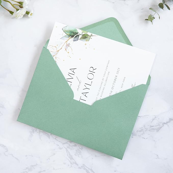 PONATIA 50PCS A7 Envelopes, 5.25x7.5 Sage Green Envelopes, Perfect for 5x7 Wedding Invitation Cards, Christmas Gift Cards, Greeting Cards, Birthday Baby Shower Invitations