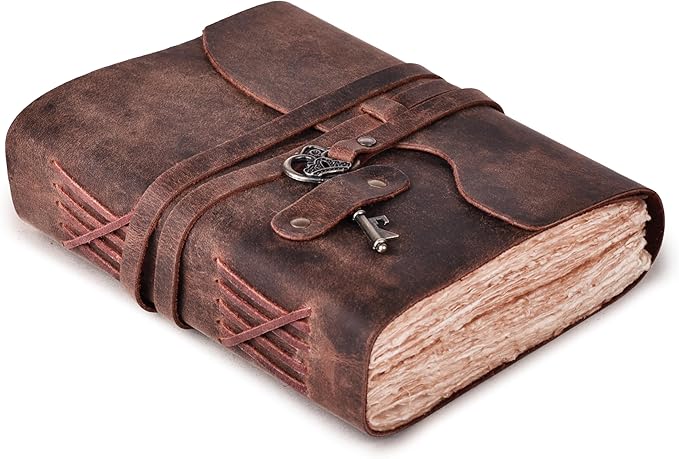 LEATHER VILLAGE Vintage Leather Journal – 200 Handmade Vintage Deckle Edge Paper – Leather bound Journal For Women Men – Vintage Key Closure - Book of Shadows - 13X8 inches - Fuchsia
