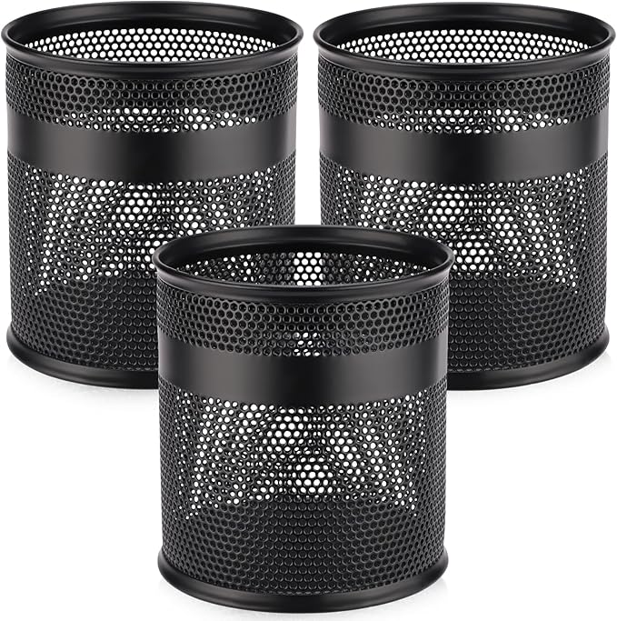 Segarty Pen Cup, 3 Pack Black Pen Holder for Desk, 3.9 x 4.2 inch Large Metal Round Pencil Container Set Marker Holder for Office Supply, Desktop Accessories, Makeup Brush, School Student Teacher