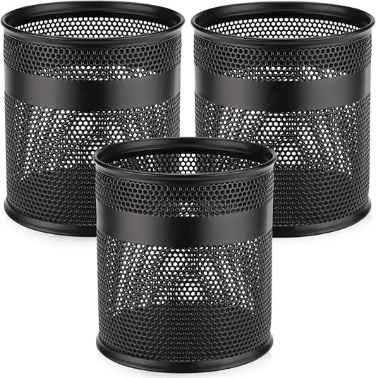 Segarty Pen Cup, 3 Pack Black Pen Holder for Desk, 3.9 x 4.2 inch Large Metal Round Pencil Container Set Marker Holder for Office Supply, Desktop Accessories, Makeup Brush, School Student Teacher