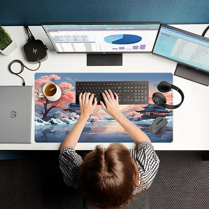 Kawaii Desk Mat Japan Desk Pad Extra Large Gaming Mouse Pad XXL, Computer Laptop Keyboard Pad Gamer Desk Setup, Pink and Blue Mouse Mats with Stitched Edges, Vintage Office Decor 31.5" x 15.7"