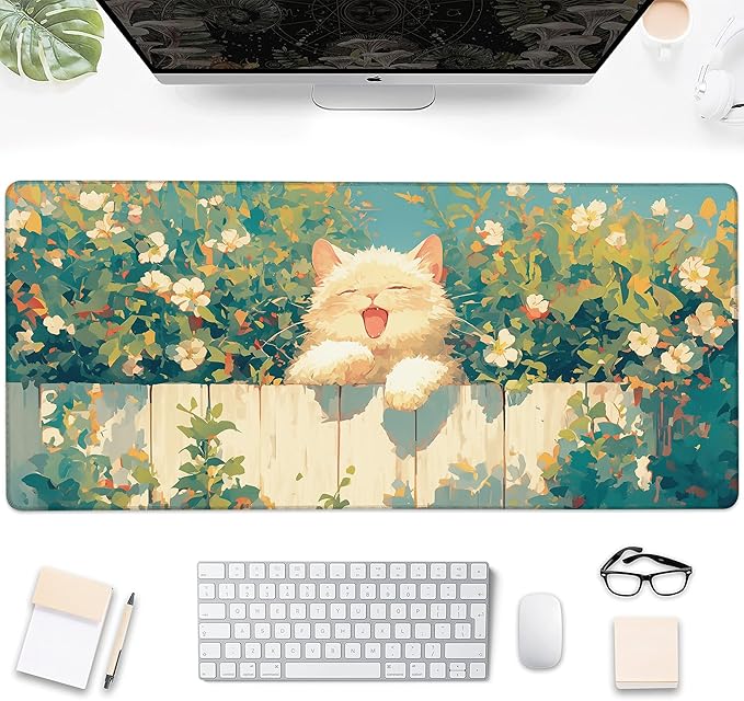 Gaming Mouse Pad, Cute Happy Cat with Flower Large Desk Mat for Keyboard and Mouse,Non-Slip Rubber Base and Stitched Edges Desk Pad for Home Office 35.4x15.7in