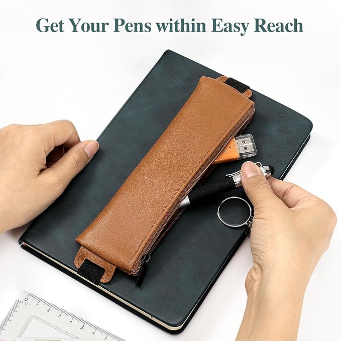 MoKo Elastic Pen Holder for Notebook, 4 Pieces PU Leather Pencil Case with Adjustable Band, Stationery School Supplies Zipper Bag for Planners, Journals, Book