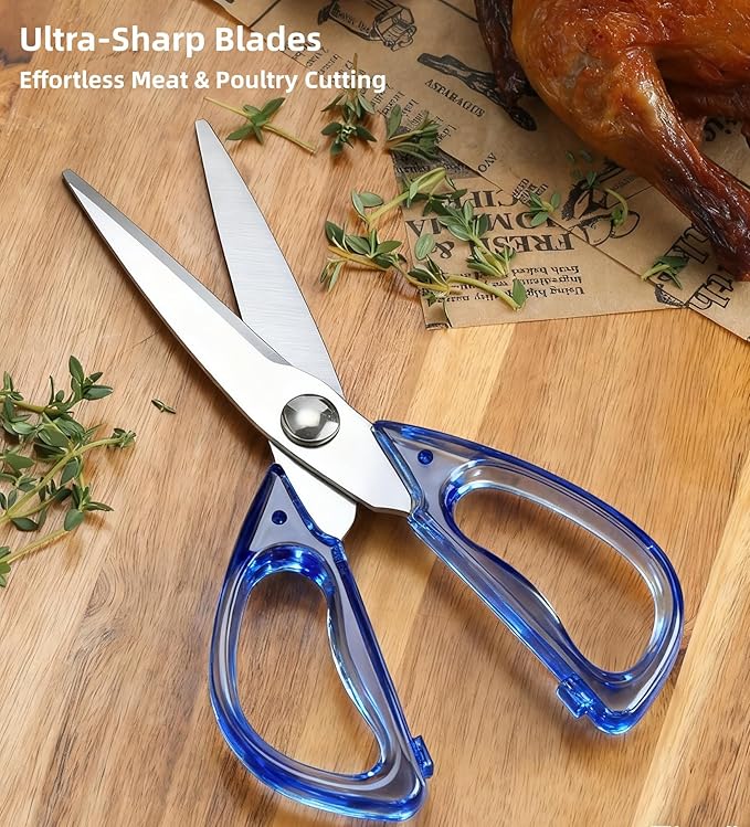 8.0inch Kitchen Shears, Sharp Stainless Steel Meat & Poultry Scissors, Transparent Blue Acrylic Handle, All Purpose Utility Cooking Scissors for Kitchen/BBQ/Home/Office