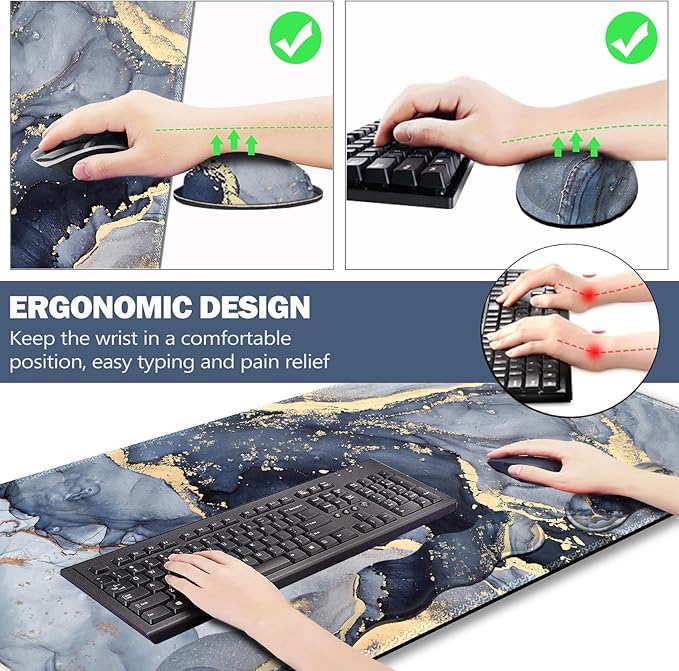 Extended Gaming Mouse Pad, Keyboard Wrist Rest Pad, Wrist Support Mousepad Set, Artso Large Stable Rubber Base Stitched Edges, Multifunctional Desk Pad (35 x15.5 in) for Work, Game, Navy Blue Marble