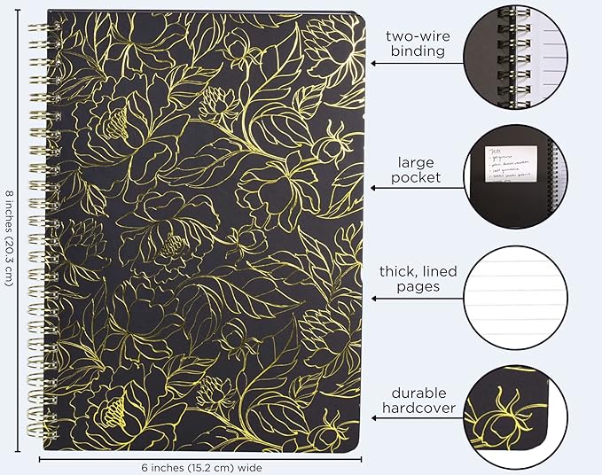 Steel Mill & Co Cute Black Mini Spiral Notebook, 8.25" x 6.25" Journal with Durable Hardcover and 160 Lined Pages, Linear Gold Floral