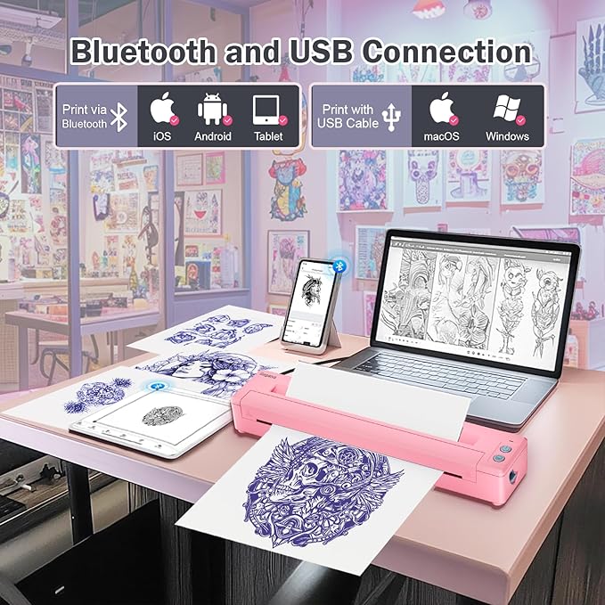 Bagana Tattoo Printer Machine Kit Wireless Bluetooth Thermal Temporary Tattoo Transfer Stencil Printer for Skin Compatible with iOS and Android