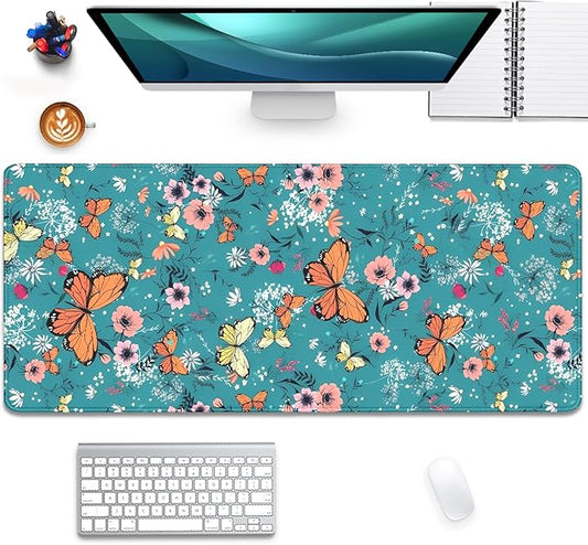 Colorful Butterflies and Flowers Extended Desk Pad Mouse Pad,Stitched Edges Non-Slip Rubber Base XL Mouse Mat Desk Mat for Office Home Work Blue Mousepad(27.5X11.8 Inch)