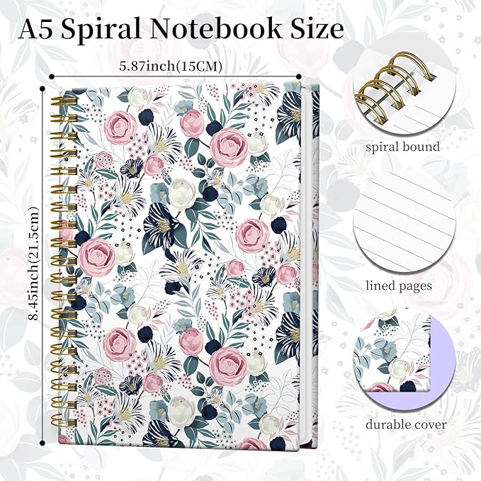 Spiral Notebook Journal for Women Men, A5 Hardcover Journal, 120 Pages Thick Paper, College Ruled Writing Notebook for School, Work & Office 8.3'' × 5.9''(Watercolor Rose Floral)